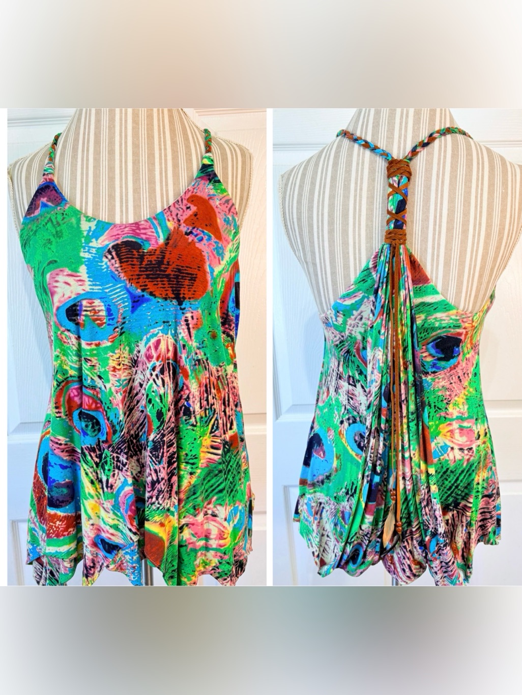 Sky Y2k Braided T-Back Colorful Peacock Print Handkerchief Hem Top Medium